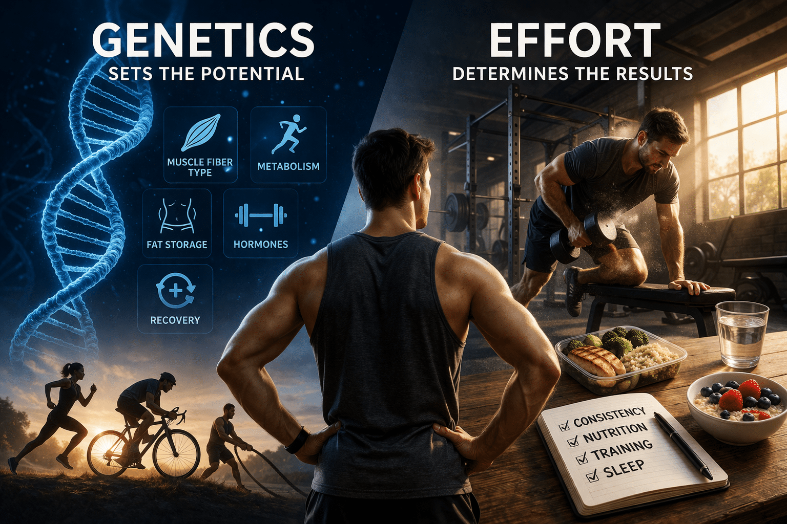 Split fitness infographic showing genetics vs effort, with DNA and biological traits on one side and a man training in the gym on the other, illustrating how genetics influence potential while effort determines fitness results.