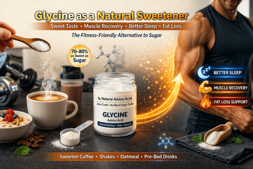 Banner image promoting glycine as a natural sweetener, showing a bowl of glycine powder with coffee, shakes, and oatmeal alongside fitness icons for muscle recovery, better sleep, and fat loss support.