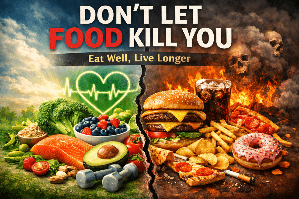 Split image showing healthy foods like salmon, vegetables, berries, avocado, and nuts on one side with a glowing heart and sunlight, contrasted with junk foods like burgers, fries, pizza, soda, and donuts on the other side surrounded by fire and smoke, symbolizing the life-saving power of healthy eating versus the dangers of unhealthy food.
