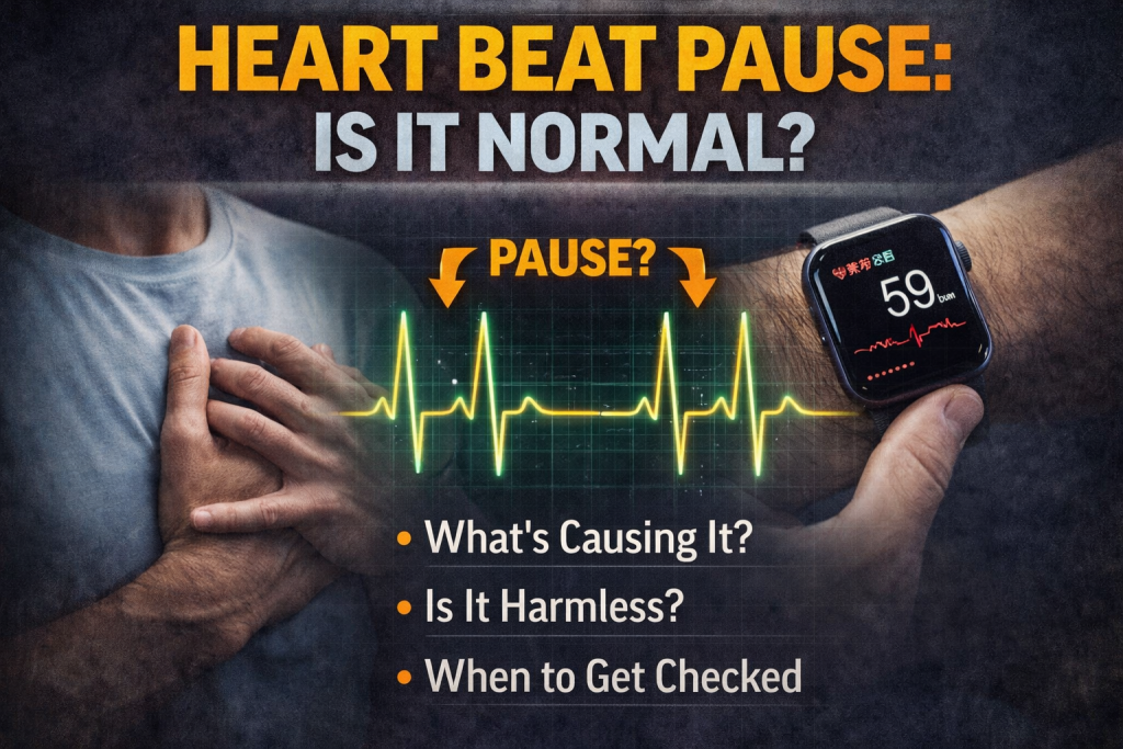 Heart beat pause normal illustrated with ECG waveform pause, smartwatch heart rate, and person feeling chest palpitations