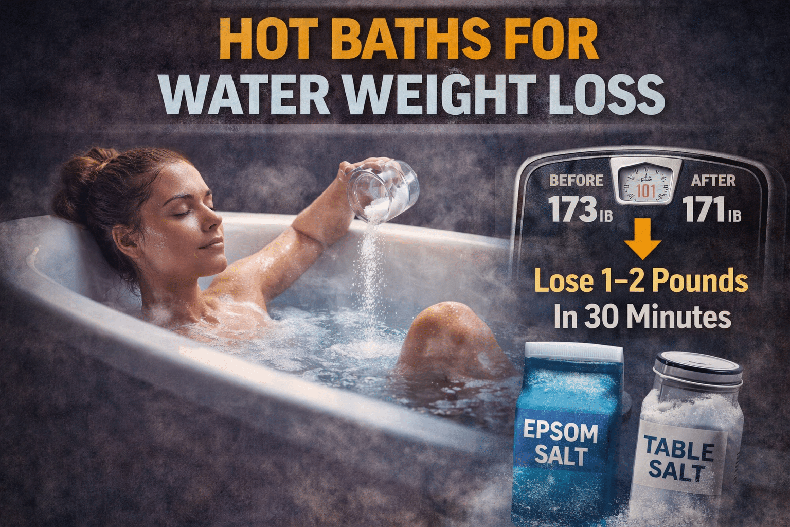Hot bath water weight loss with Epsom salt and table salt showing sweating, scale weight drop, and 30 minute results