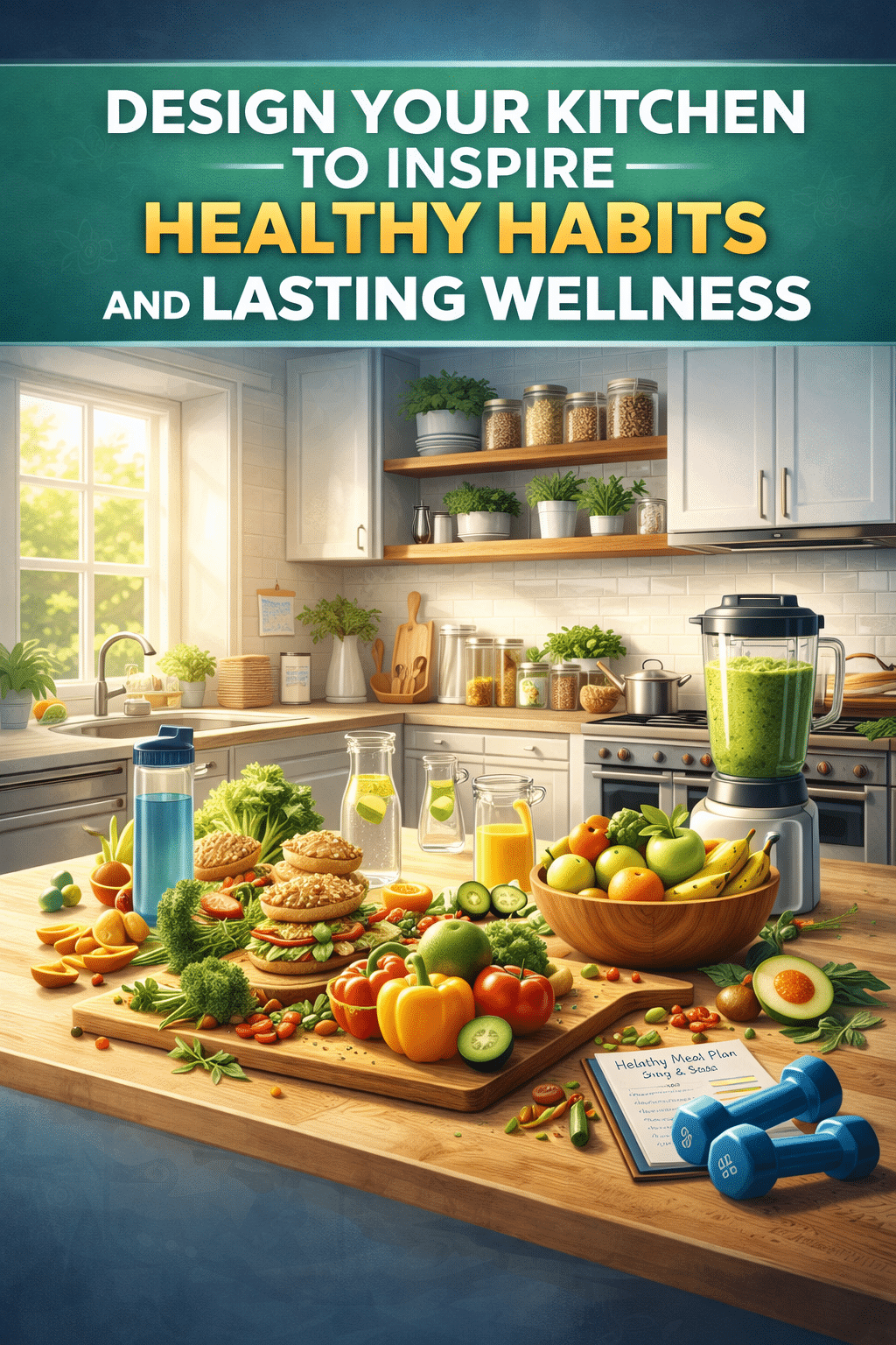 Bright, modern kitchen with fresh fruits, vegetables, a green smoothie blender, meal prep ingredients, and organized shelves, illustrating how to design your Kitchen to Inspire Healthy Habits and support lasting wellness through healthy food choices and preparation.