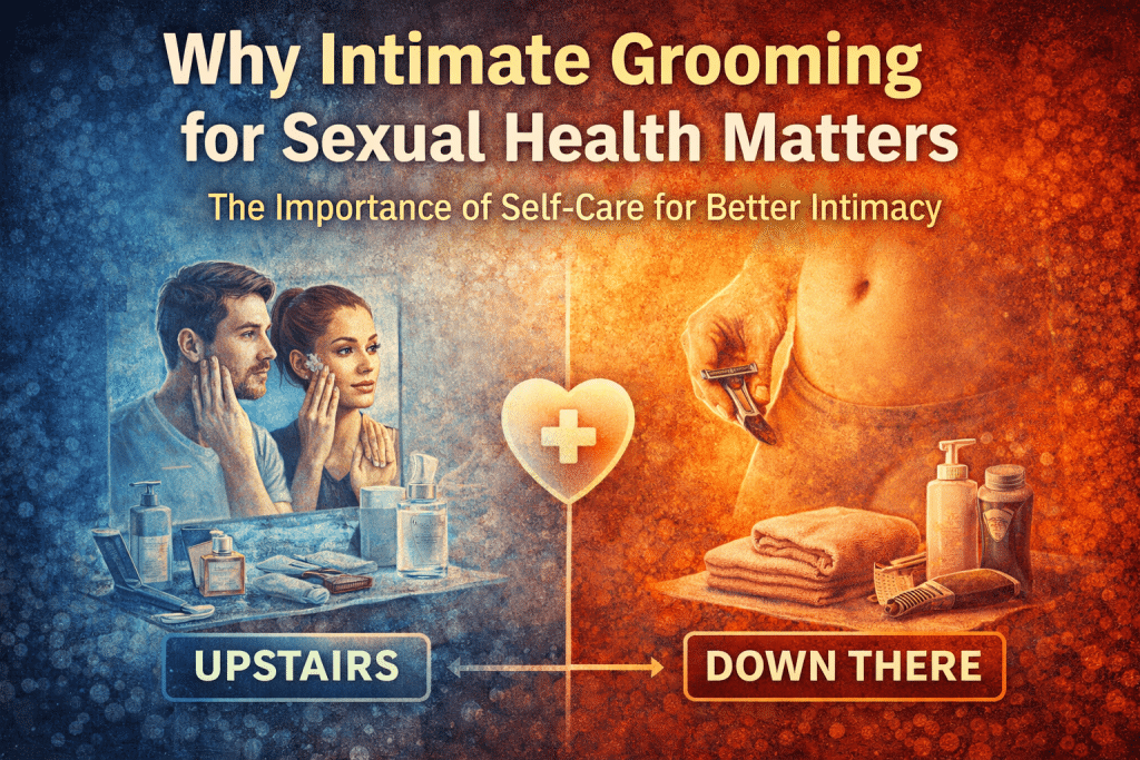 Illustration showing a couple grooming their appearance and intimate care products, comparing “upstairs” and “down there” hygiene to emphasize intimate grooming for sexual health and better relationships.