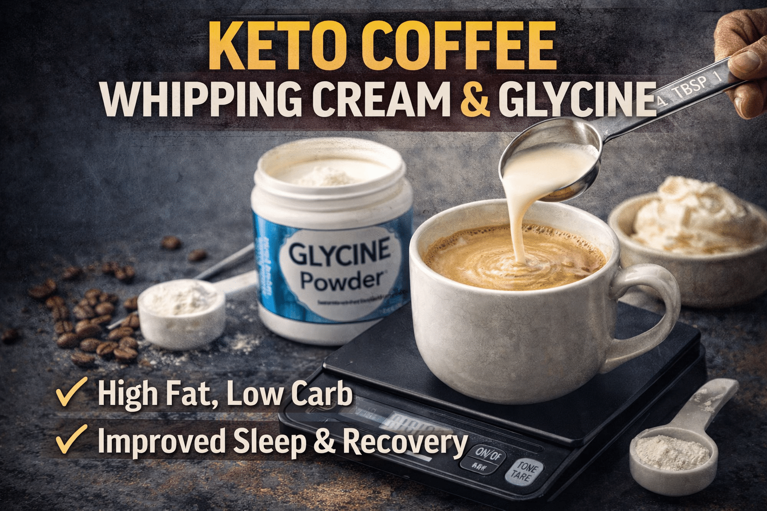 Keto coffee whipping cream with glycine powder showing measured portions, low carb high fat coffee, and improved recovery benefits