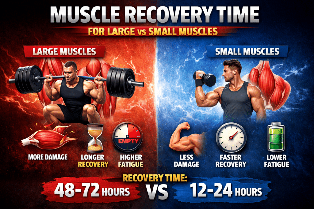 Illustration showing muscle recovery time for large vs small muscles after a workout, comparing heavy compound leg exercises that cause more muscle damage and require 48–72 hours of recovery with smaller arm exercises that recover faster in about 12–24 hours.