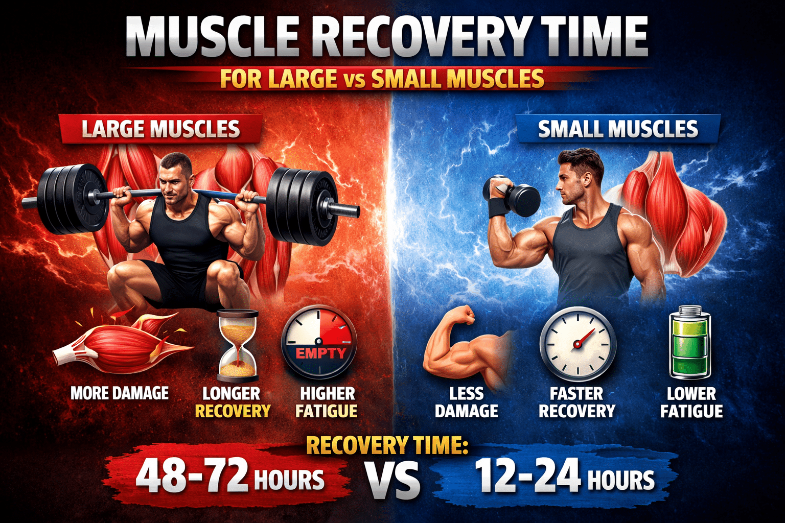 Illustration showing muscle recovery time for large vs small muscles after a workout, comparing heavy compound leg exercises that cause more muscle damage and require 48–72 hours of recovery with smaller arm exercises that recover faster in about 12–24 hours.
