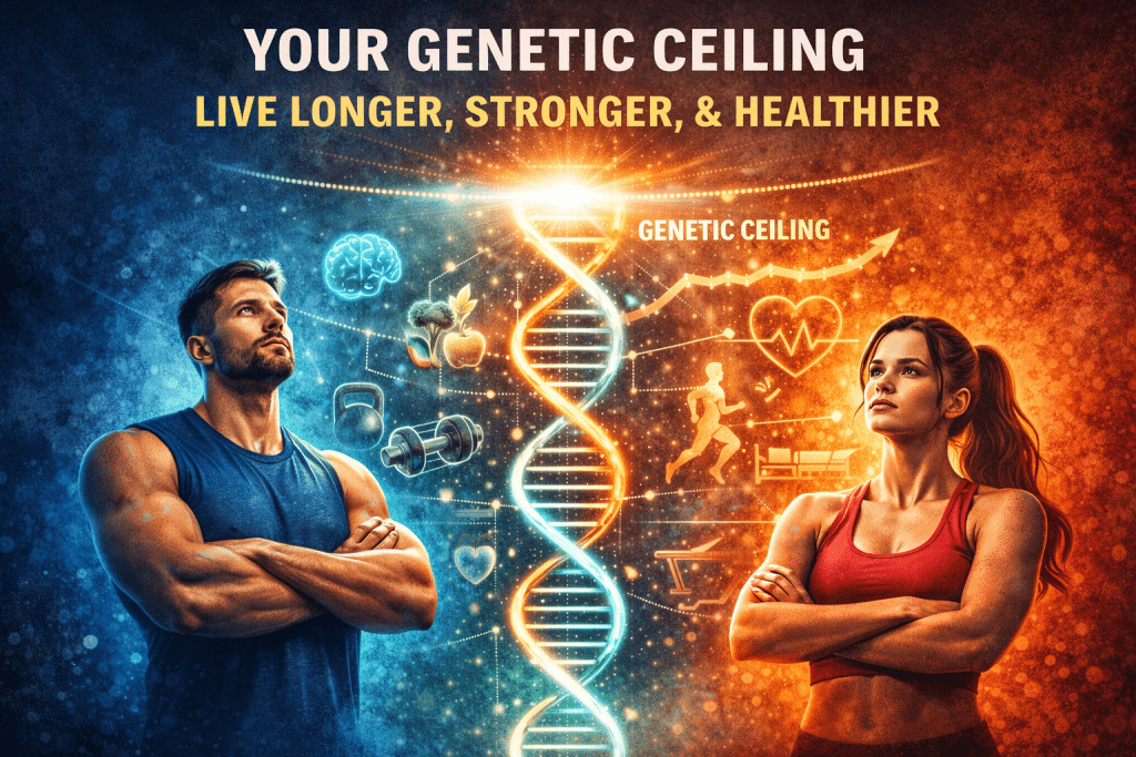 Illustration of a man and woman standing confidently beside a glowing DNA strand with fitness, nutrition, and health icons, representing reaching your genetic ceiling to live longer, stronger, and healthier through lifestyle choices.