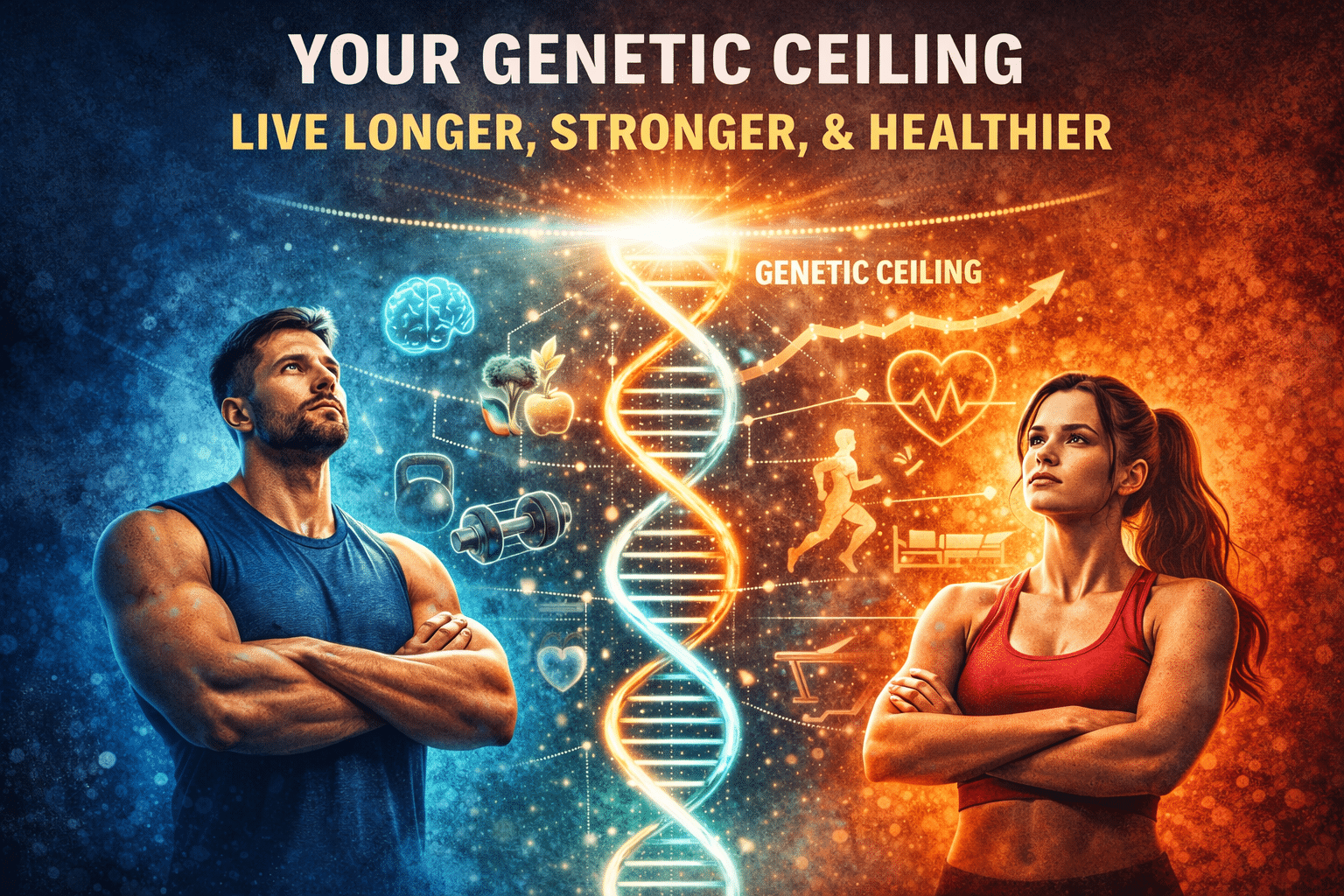 Illustration of a man and woman standing confidently beside a glowing DNA strand with fitness, nutrition, and health icons, representing reaching your genetic ceiling to live longer, stronger, and healthier through lifestyle choices.