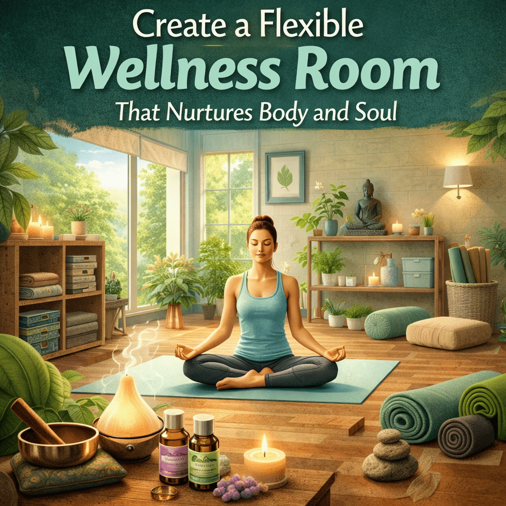 Peaceful wellness room with natural light, plants, candles, yoga mat, meditation cushions, and essential oils as a woman meditates, illustrating a flexible home wellness space designed to nurture physical health, relaxation, and spiritual well-being.