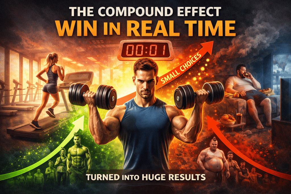 Motivational fitness illustration showing a muscular man lifting dumbbells in the center with the words “The Compound Effect: Win in Real Time.” On one side a woman runs on a treadmill and healthy progress arrows rise upward, while the other side shows a man sitting with junk food and downward arrows, symbolizing how small daily choices compound into fitness success or failure.
