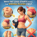 Illustration explaining body fat loss patterns, showing a woman looking at a scale while highlighted areas of the face, legs, and butt lose fat first while stubborn stomach fat remains, demonstrating why fat loss often starts in unexpected places.