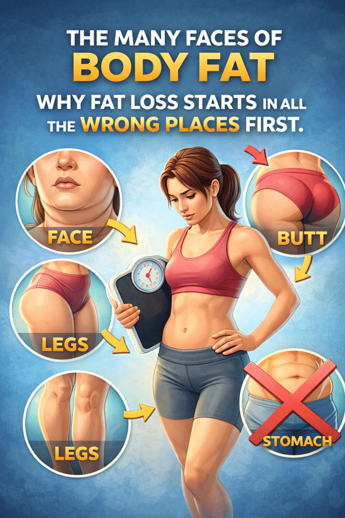 Illustration explaining body fat loss patterns, showing a woman looking at a scale while highlighted areas of the face, legs, and butt lose fat first while stubborn stomach fat remains, demonstrating why fat loss often starts in unexpected places.