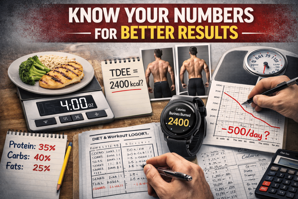 Know your numbers fitness concept showing TDEE calculation, macro percentages, 4 oz portion size, and calorie deficit tracking for results
