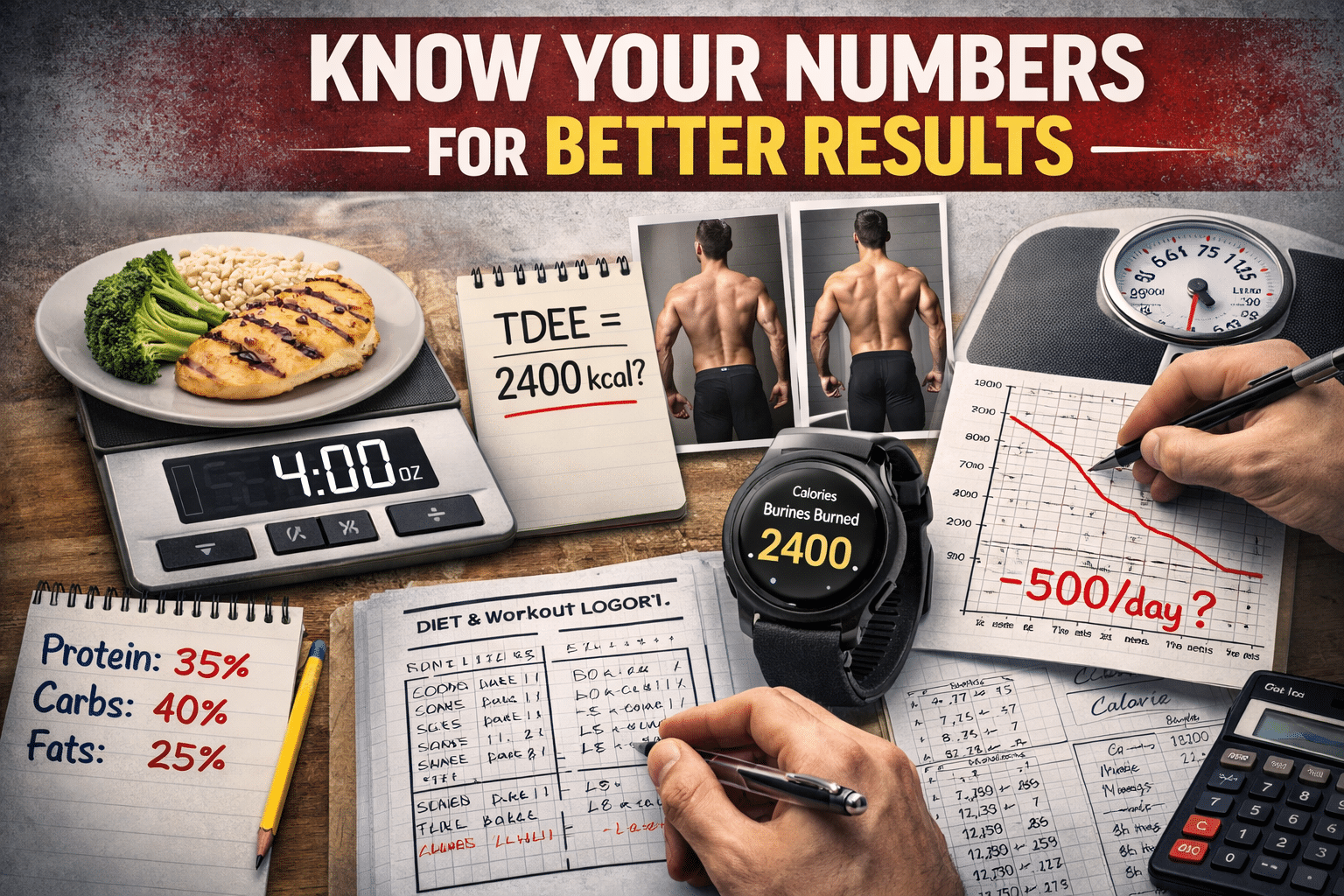 Know your numbers fitness concept showing TDEE calculation, macro percentages, 4 oz portion size, and calorie deficit tracking for results