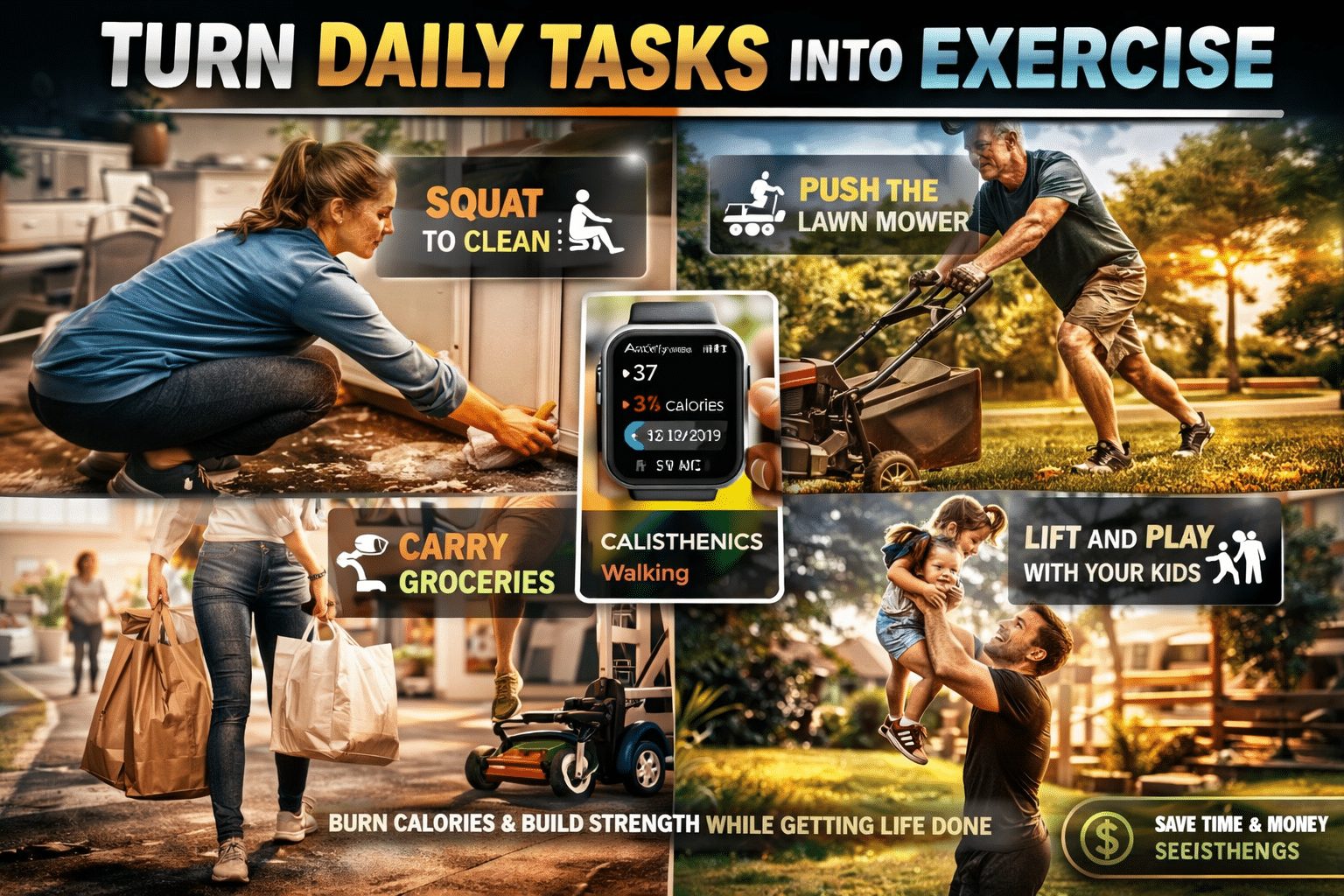 Infographic showing how to turn daily tasks into exercise, including squatting while cleaning, pushing a lawn mower, carrying groceries like a farmer’s walk, and lifting kids, with a smartwatch tracking activity as calisthenics or walking.