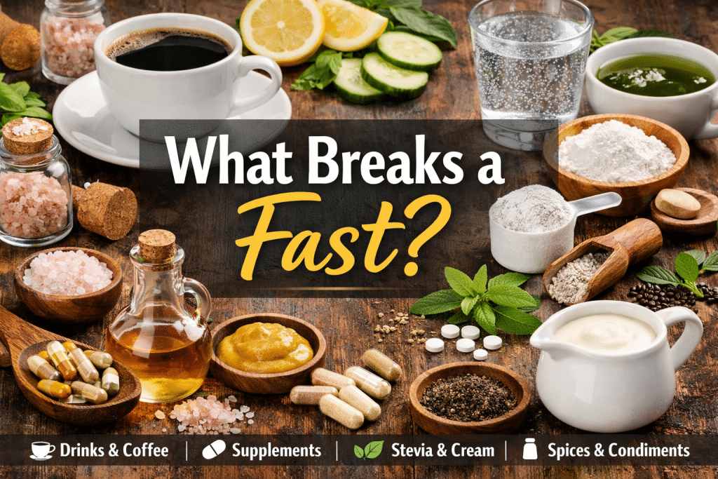 Featured image showing the question “What Breaks a Fast?” surrounded by fasting-related items including black coffee, sparkling water, supplements, stevia leaves, spices, apple cider vinegar, salt, mustard, and heavy whipping cream illustrating drinks, supplements, and condiments used during intermittent fasting.
