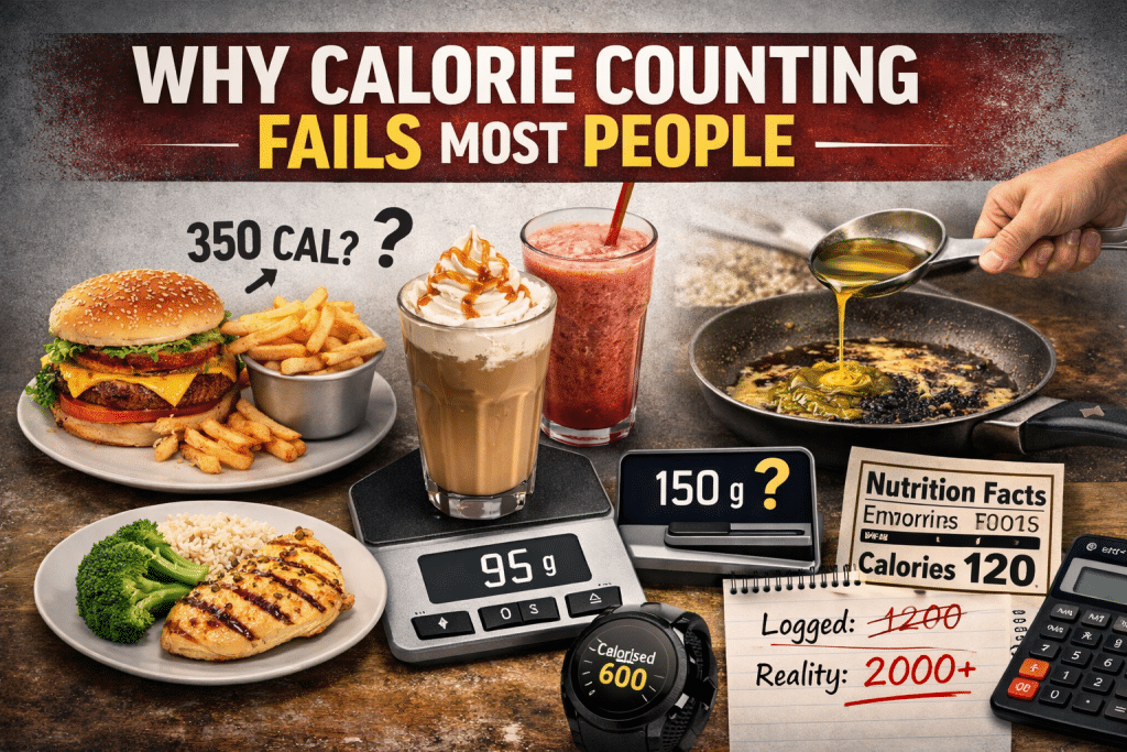 Calorie counting mistakes showing incorrect portion sizes, hidden cooking oil calories, and misleading nutrition labels