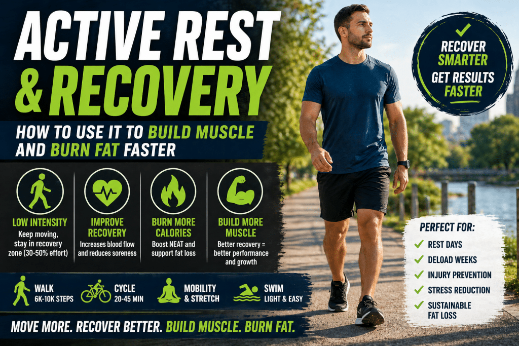 Active rest recovery muscle infographic showing walking, low intensity exercise, and benefits for muscle growth and fat loss