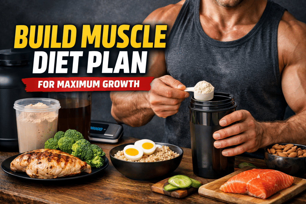 Muscular man preparing a protein shake surrounded by healthy foods like chicken, rice, eggs, broccoli, salmon, and almonds with bold text reading “Build Muscle Diet Plan for Maximum Growth.