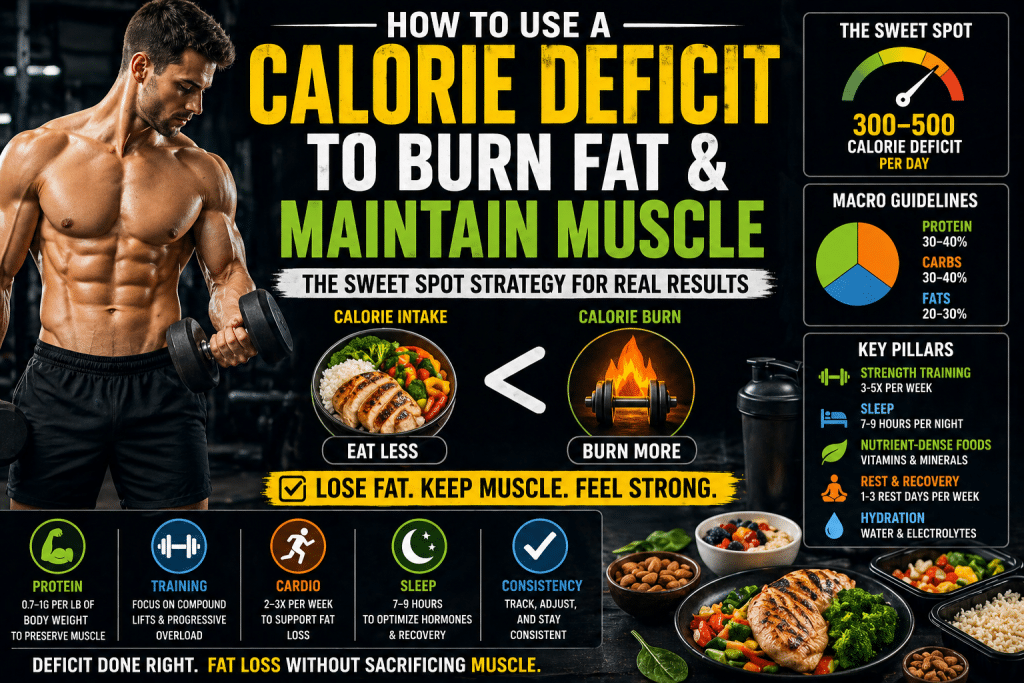 calorie deficit fat loss muscle infographic showing muscular man lifting weights, meal prep foods, macro breakdown, and tips for losing fat while maintaining muscle through diet and training