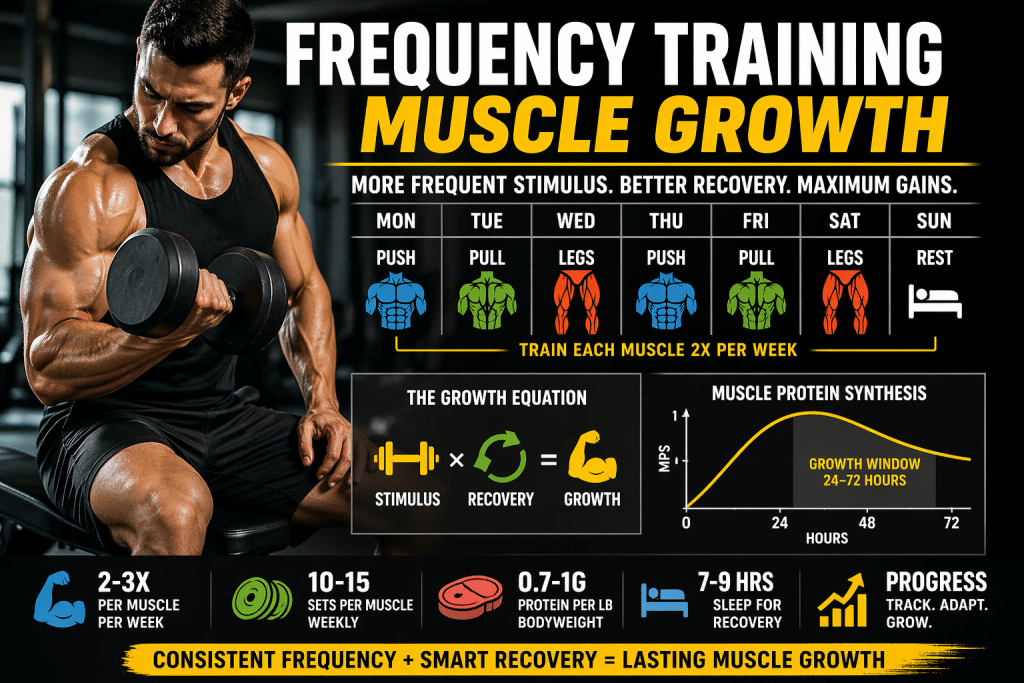 frequency training muscle growth infographic showing weekly push pull legs split, muscle protein synthesis timeline, and workout recovery principles with athlete lifting weights