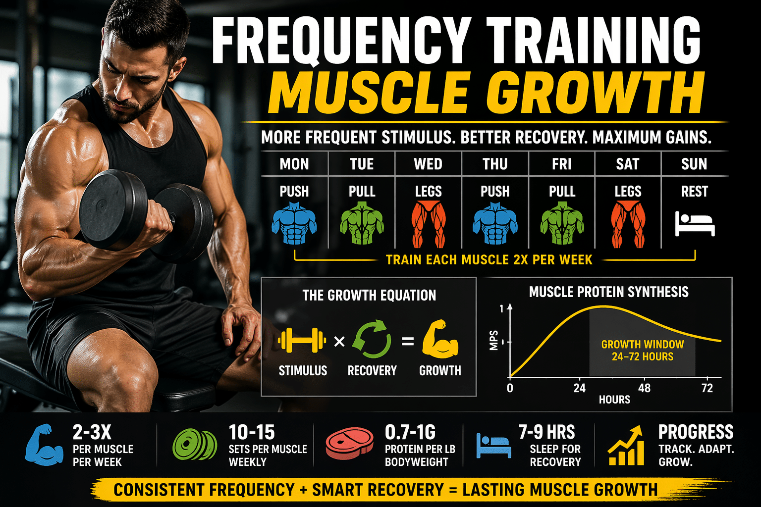 frequency training muscle growth infographic showing weekly push pull legs split, muscle protein synthesis timeline, and workout recovery principles with athlete lifting weights