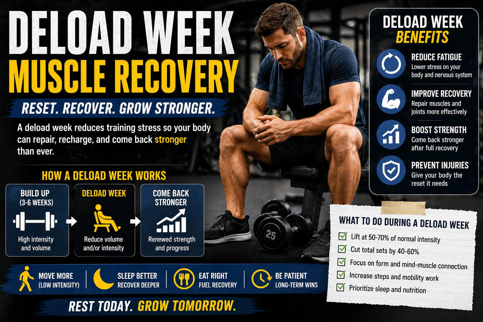 Deload week muscle recovery infographic showing reduced intensity training, rest, and benefits for muscle growth and strength recovery