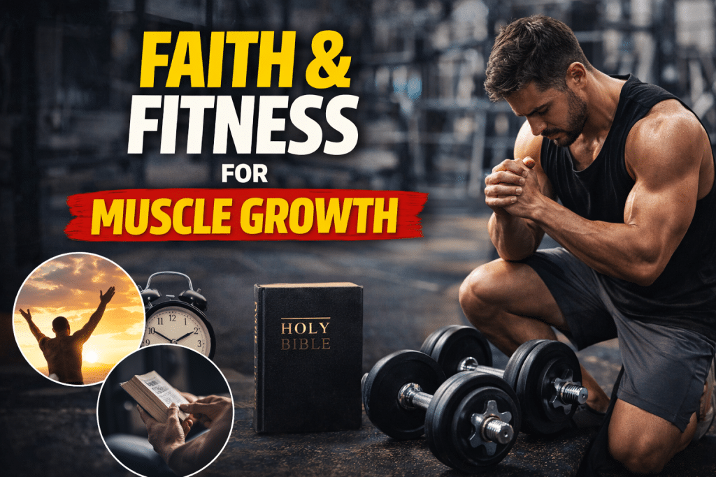 Muscular man kneeling in prayer in a gym beside a Bible and dumbbells, with inspirational images of worship and reading scripture, and bold text reading “Faith & Fitness for Muscle Growth.”