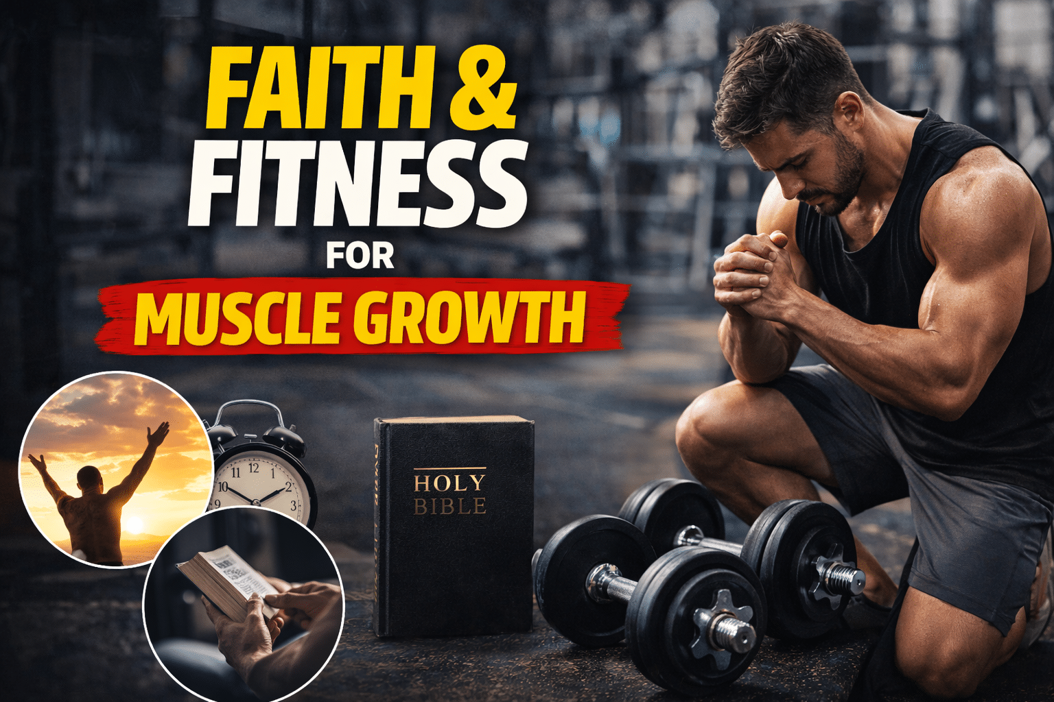 Muscular man kneeling in prayer in a gym beside a Bible and dumbbells, with inspirational images of worship and reading scripture, and bold text reading “Faith & Fitness for Muscle Growth.”