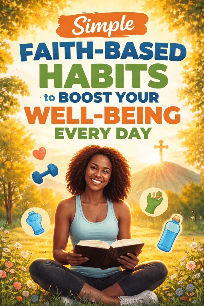 Smiling woman reading Bible outdoors with faith-based fitness icons and text “Simple Faith-Based Habits to Boost Your Well-Being Every Day” in a sunny park setting