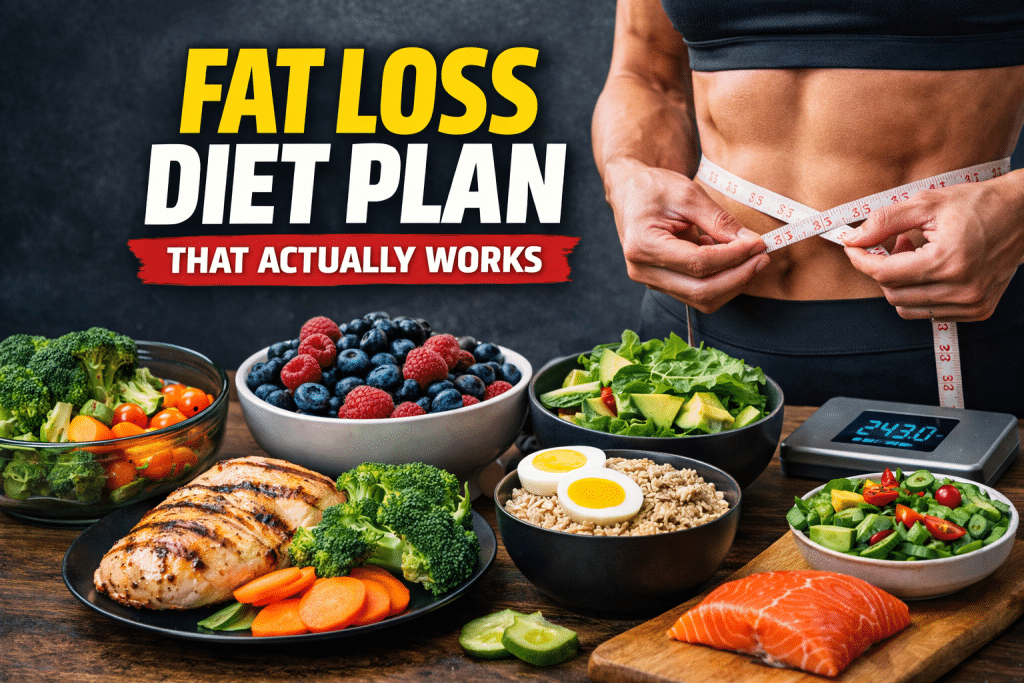 Fit individual measuring waist with a tape measure surrounded by healthy foods like chicken, vegetables, berries, eggs, rice, and salmon with bold text “Fat Loss Diet Plan That Actually Works.”
