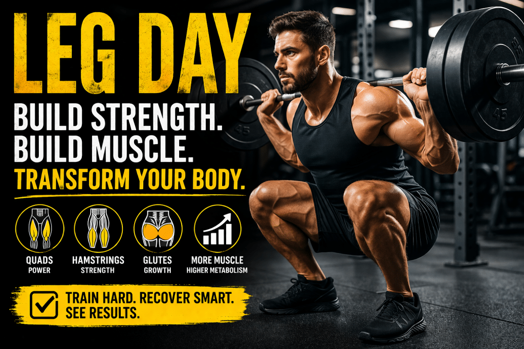 leg day workout image showing muscular man performing heavy leg press in gym with bold text highlighting strength, muscle growth, and performance benefits