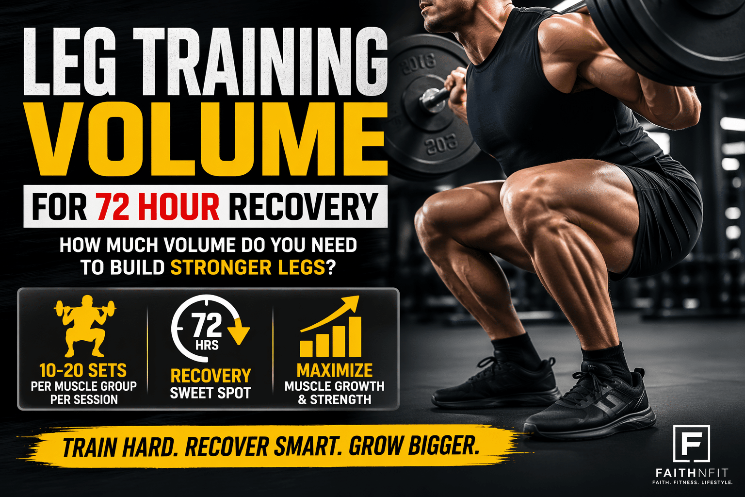 Leg training volume 72 hours infographic showing squat exercise, optimal sets per muscle group, and recovery for muscle growth