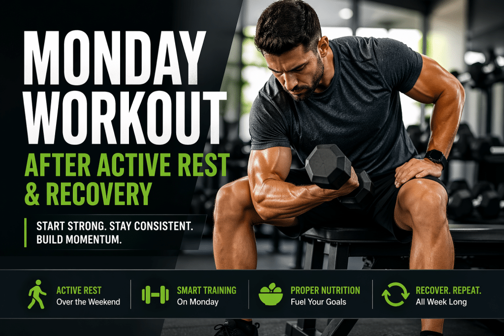 Muscular man performing a seated dumbbell curl in a modern gym with bold text reading “Monday Workout After Active Rest & Recovery,” highlighting fitness, consistency, and weekly training momentum.