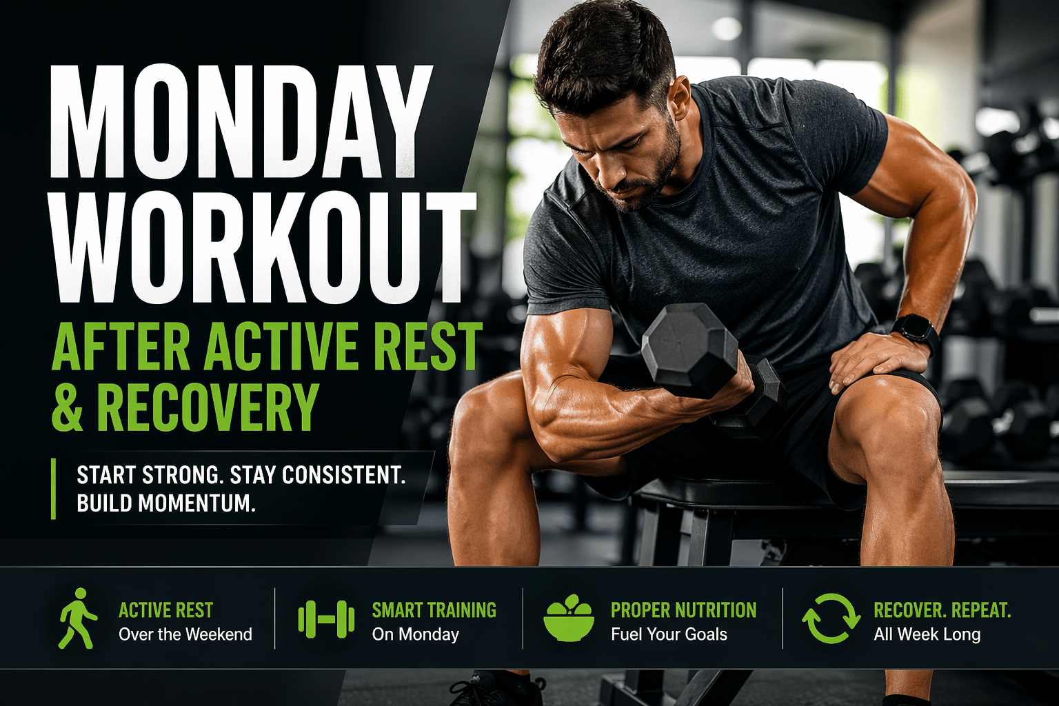 Muscular man performing a seated dumbbell curl in a modern gym with bold text reading “Monday Workout After Active Rest & Recovery,” highlighting fitness, consistency, and weekly training momentum.