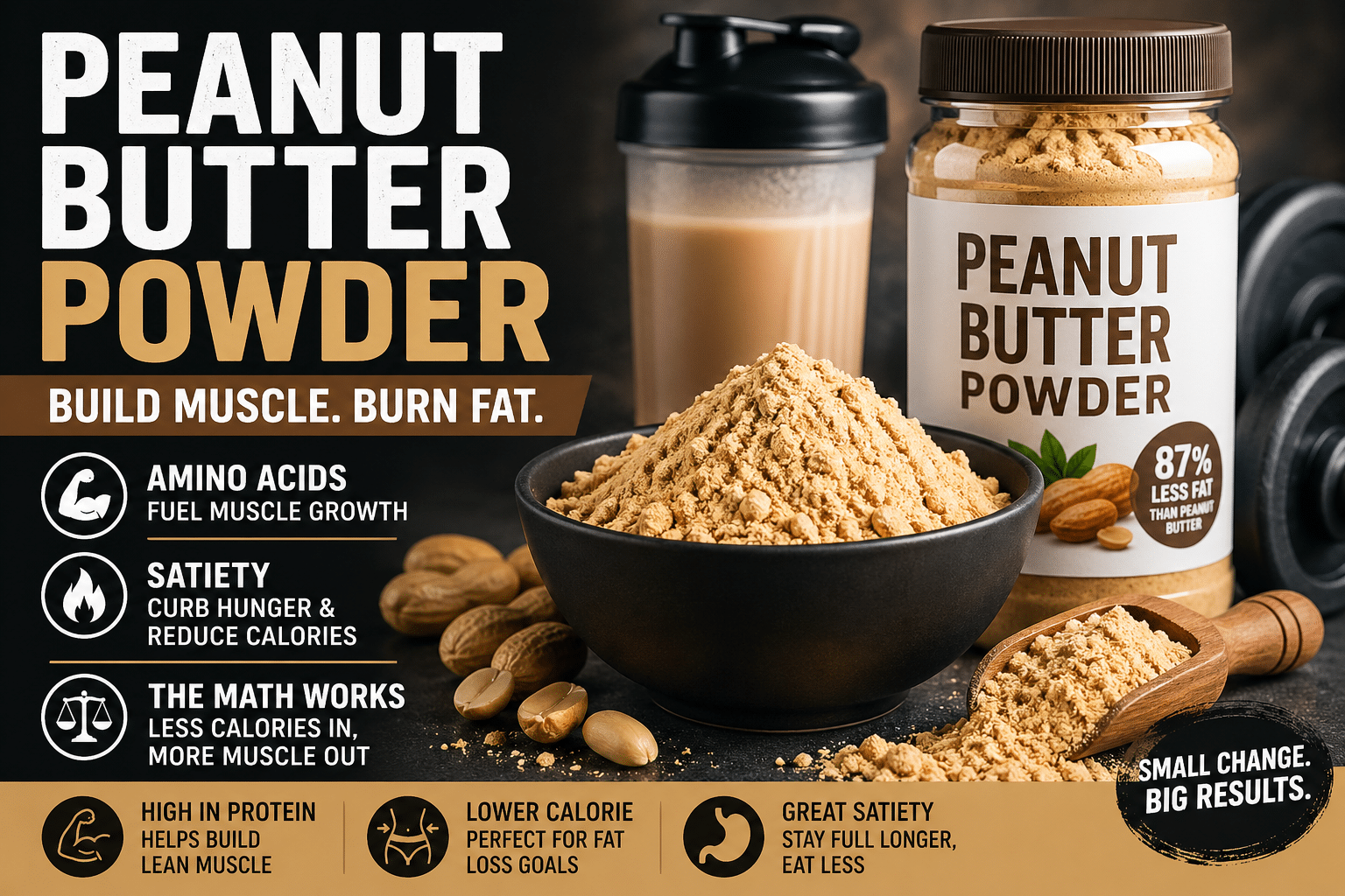Peanut butter powder in a bowl with protein shake and jar, highlighting muscle growth, amino acids, fat loss, and satiety benefits with bold fitness text and icons.