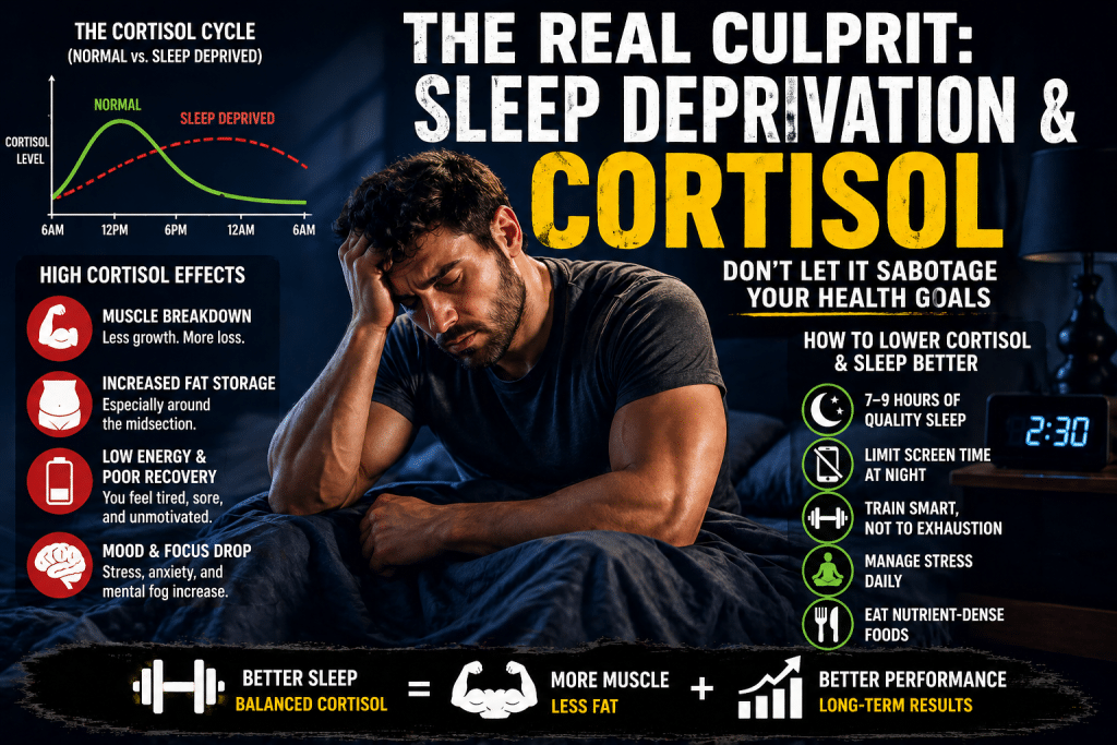 cortisol sleep deprivation infographic showing tired man in bed, stress hormone cycle chart, effects like muscle loss and fat gain, and tips for improving sleep and recovery