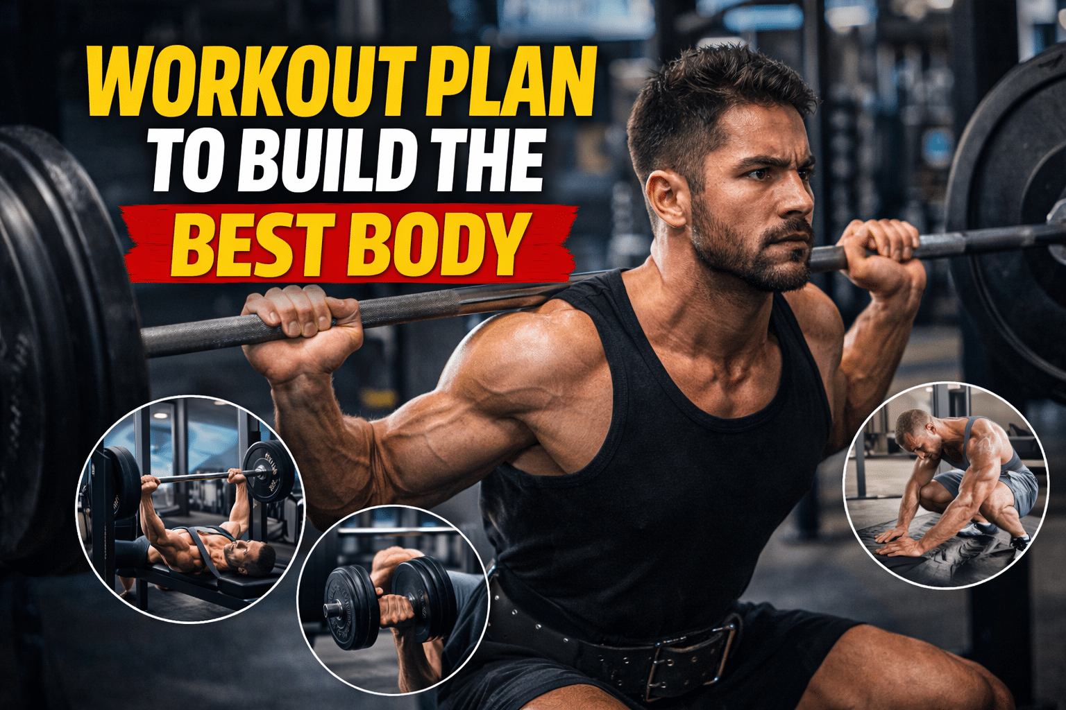 Muscular man performing a heavy barbell squat in a gym with smaller images of bench press, dumbbell curls, and stretching, alongside bold text reading “Workout Plan to Build the Best Body.”
