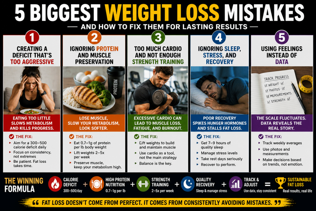 5 biggest weight loss mistakes infographic showing common fat loss errors including extreme calorie deficits, low protein intake, excessive cardio, poor recovery, and using emotions instead of data to track progress