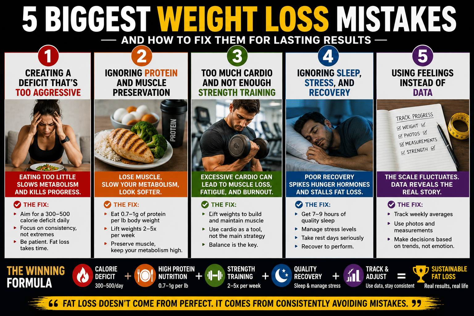 5 biggest weight loss mistakes infographic showing common fat loss errors including extreme calorie deficits, low protein intake, excessive cardio, poor recovery, and using emotions instead of data to track progress