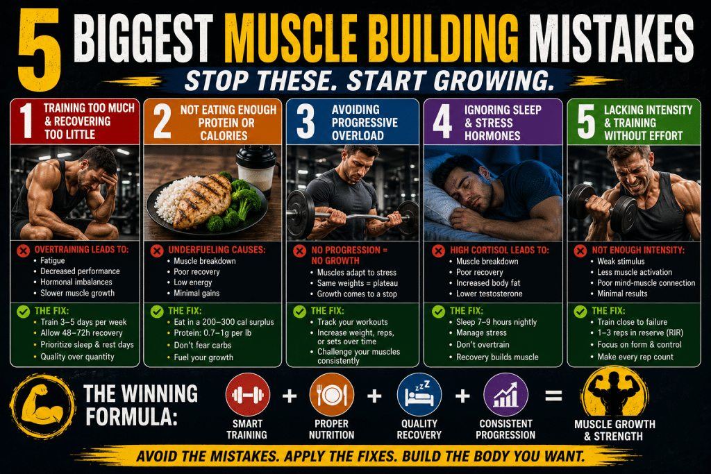 5 biggest muscle building mistakes infographic showing overtraining, low protein intake, lack of progressive overload, poor sleep and stress management, and low workout intensity with solutions for better muscle growth and recovery