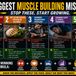 5 biggest muscle building mistakes infographic showing overtraining, low protein intake, lack of progressive overload, poor sleep and stress management, and low workout intensity with solutions for better muscle growth and recovery