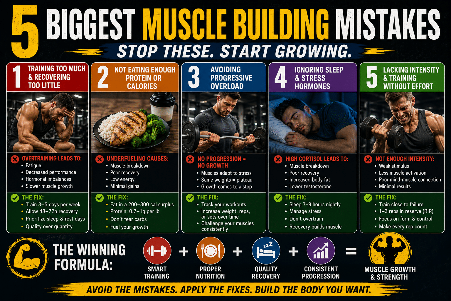 5 biggest muscle building mistakes infographic showing overtraining, low protein intake, lack of progressive overload, poor sleep and stress management, and low workout intensity with solutions for better muscle growth and recovery