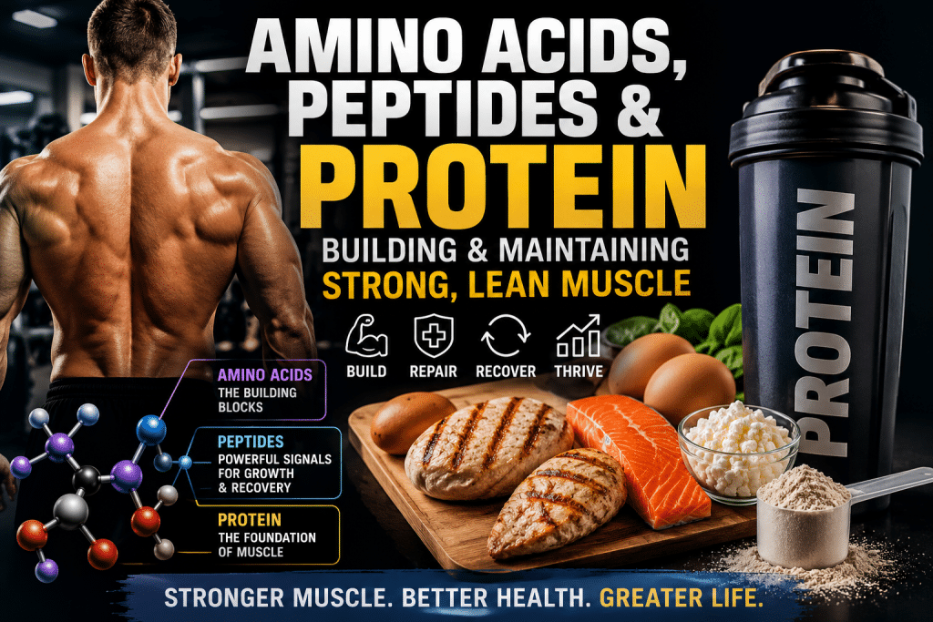 Muscular man in a gym beside high-protein foods, amino acid molecules, and a protein shake promoting amino acids, peptides, and protein for building and maintaining lean muscle mass and improving health.