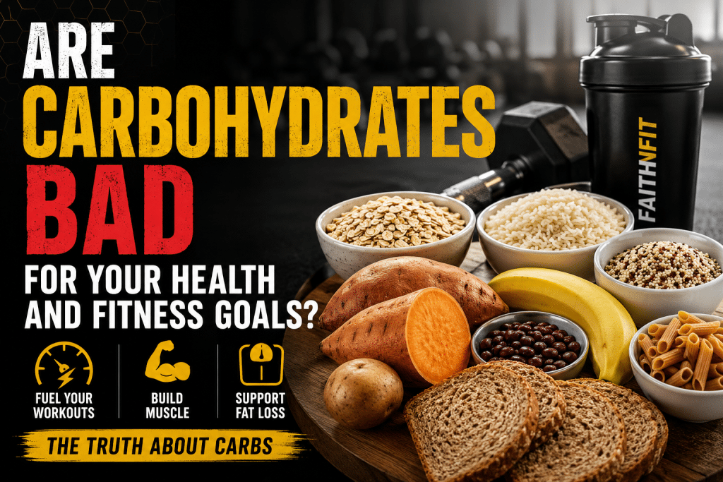 Featured image showing healthy carbohydrate foods including oats, rice, sweet potatoes, bananas, beans, pasta, and whole grain bread beside gym equipment with bold text asking, ‘Are Carbohydrates Bad for Your Health and Fitness Goals?