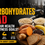 Featured image showing healthy carbohydrate foods including oats, rice, sweet potatoes, bananas, beans, pasta, and whole grain bread beside gym equipment with bold text asking, ‘Are Carbohydrates Bad for Your Health and Fitness Goals?