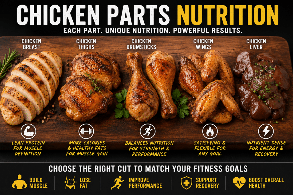 Infographic showing the nutritional benefits of different chicken parts including chicken breast, thighs, drumsticks, wings, and liver for muscle building, fat loss, performance, recovery, and overall fitness goals.