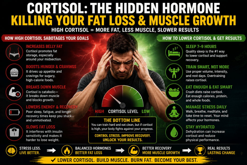 cortisol fat loss muscle growth infographic showing stressed man with high cortisol meter, effects like belly fat and muscle breakdown, and recovery strategies including sleep, smart training, stress management, and hydration