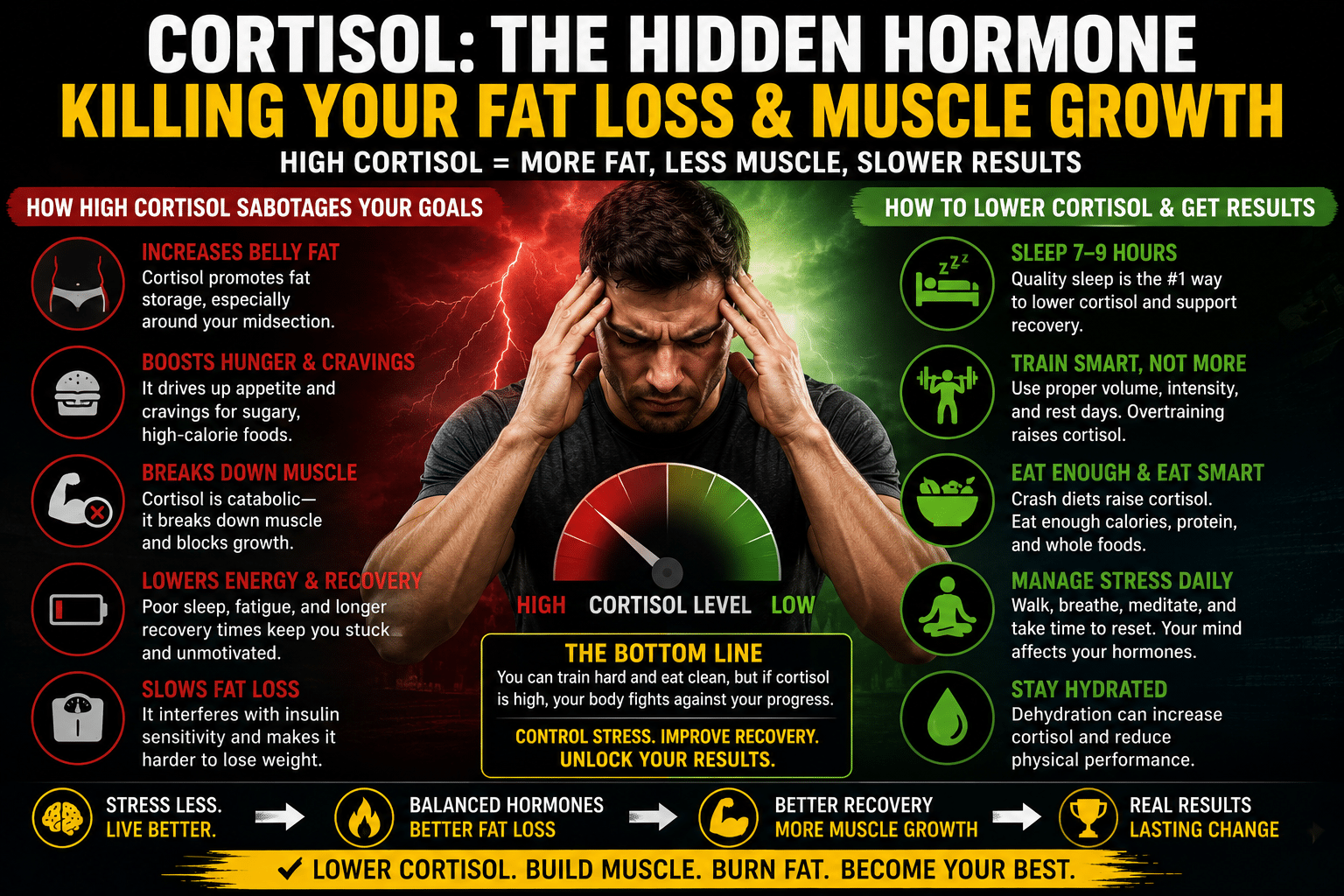 cortisol fat loss muscle growth infographic showing stressed man with high cortisol meter, effects like belly fat and muscle breakdown, and recovery strategies including sleep, smart training, stress management, and hydration