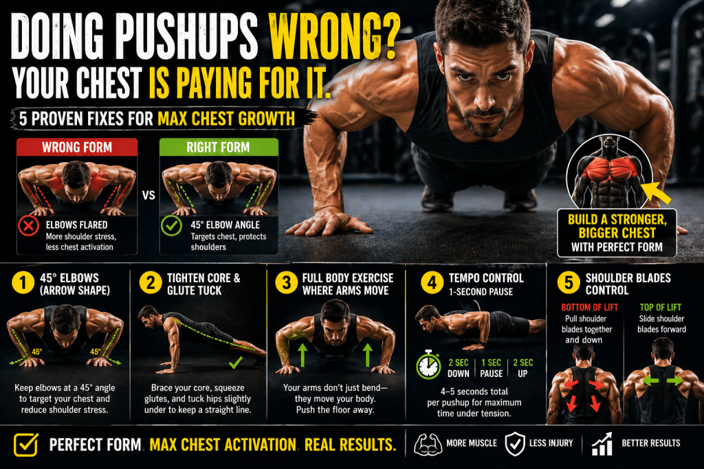 pushups wrong chest growth infographic showing man performing pushup with incorrect vs correct form, highlighting 45 degree elbow position, core engagement, tempo control, and shoulder blade movement for better chest activation